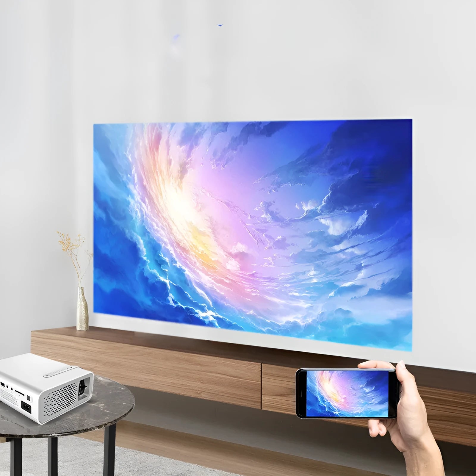 YG530 mini mobile phone projector with LED lens showing wireless same-screen projection functionality