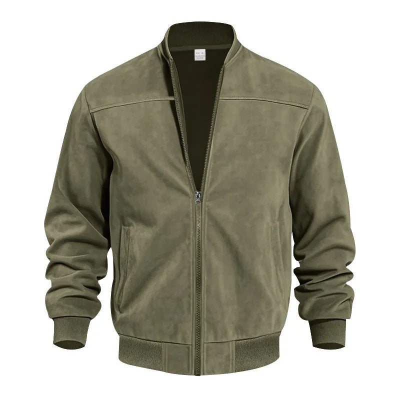 Men's casual plus size suede-effect zip jacket in Army Green colour on a hanger.