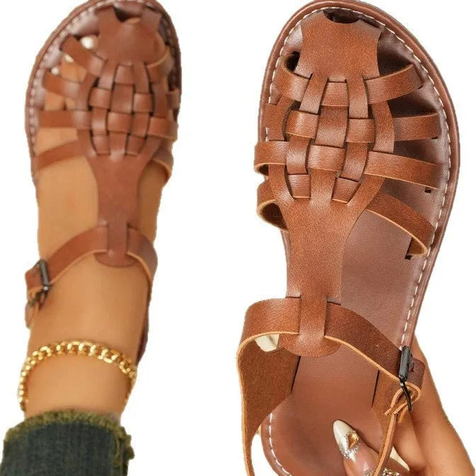 Dark brown women's vintage weave sandals with closed toe, roman buckle, and a soft rubber sole.