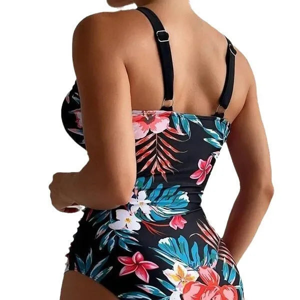 Floral patterned women's one-piece swimsuit with a backless bikini-style design