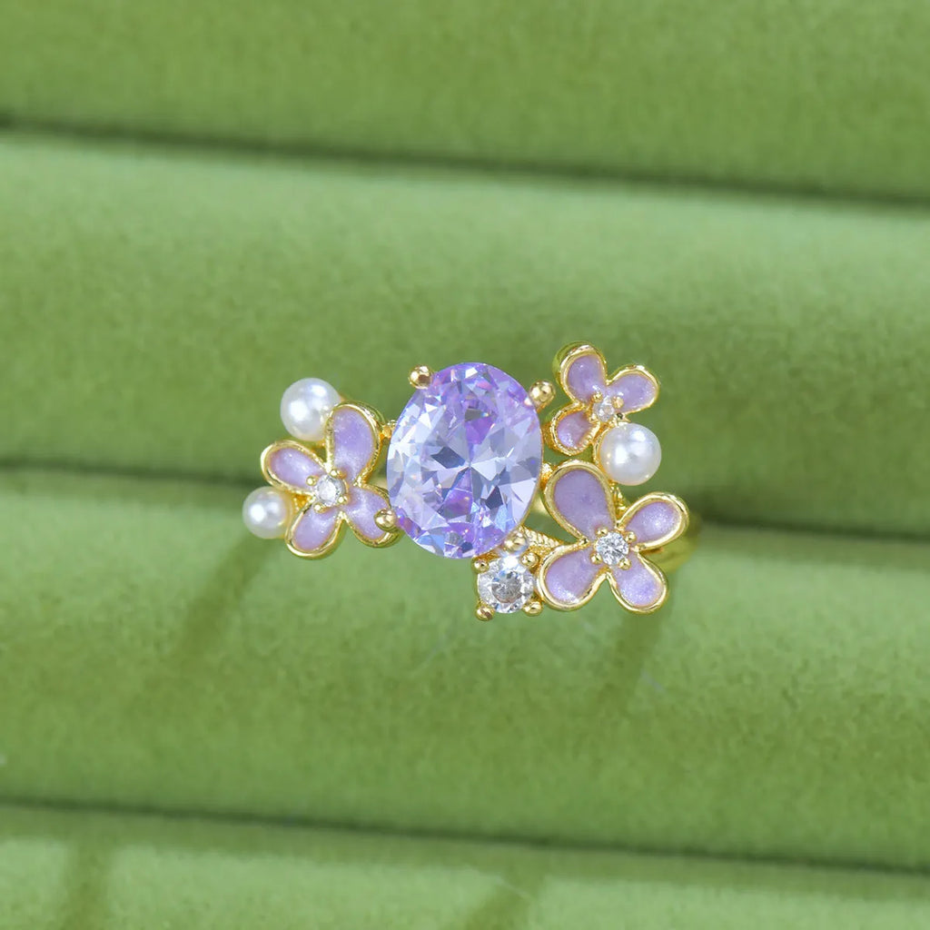 Women's copper open ring with flower design and zircon stones in light purple or yellow