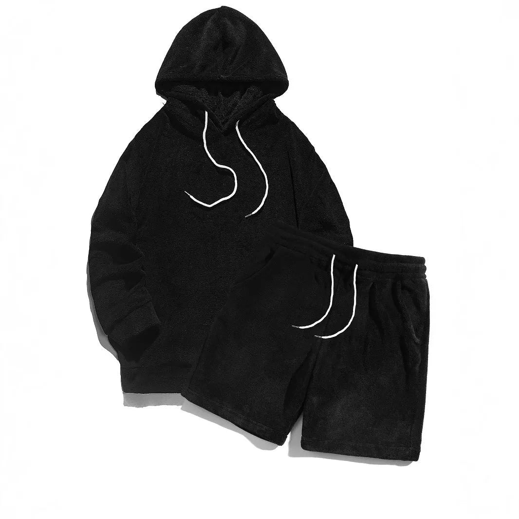 Plus size men's hooded coral fleece sweatshirt and shorts set in gray, 2XL size
