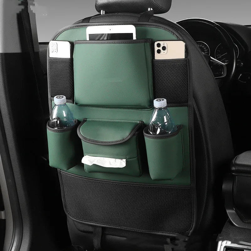 Leather car seat back storage bag hanging from a headrest, shown in grey colour.