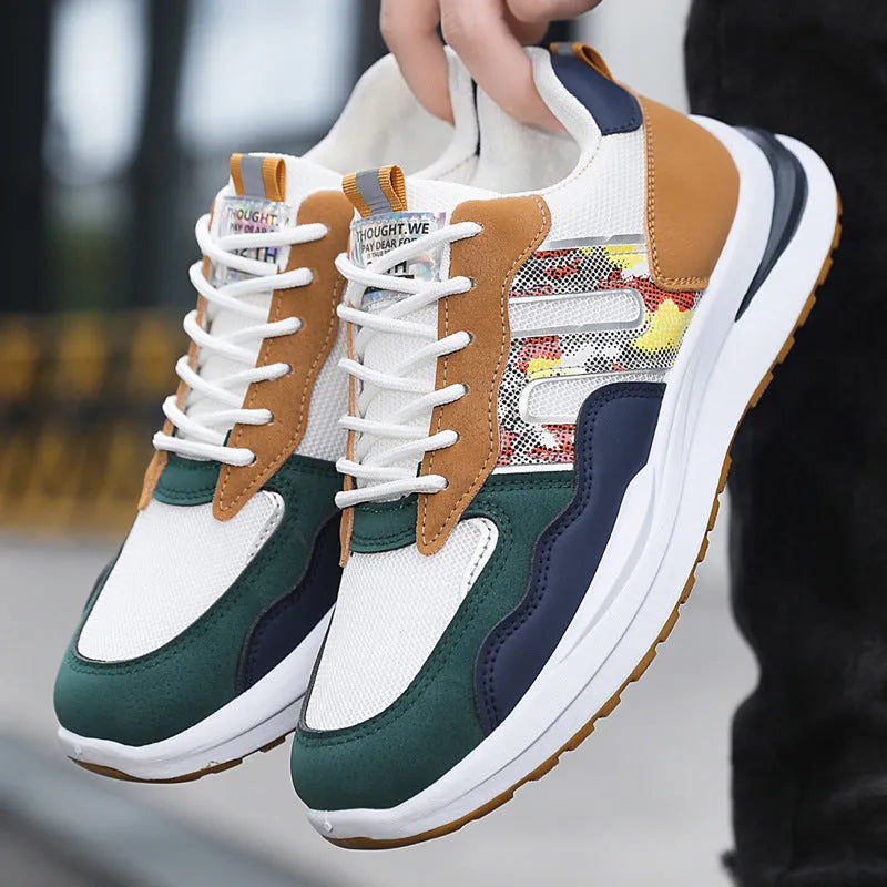 Men's mesh sports casual shoes in white green colour with plastic sole and leather toe holder