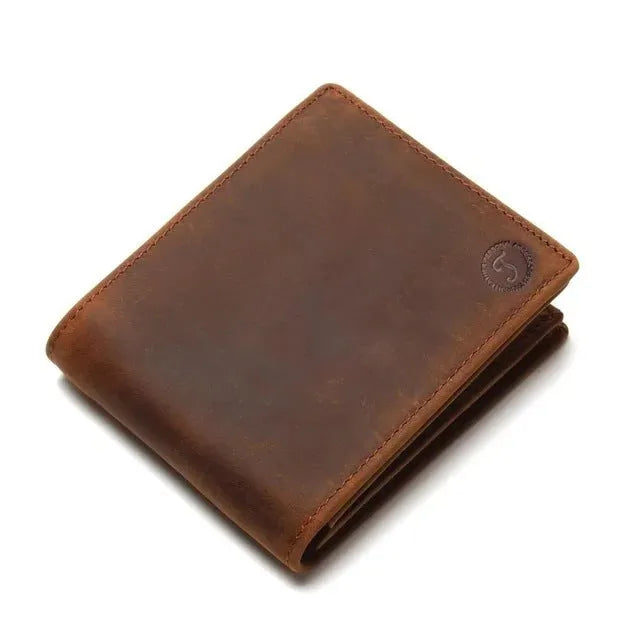 Genuine leather short anti-theft swiping men's wallet in brown vertical version with sewing line detailing