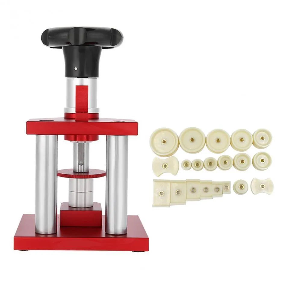 A watch back cover press tool with a spiral mechanism and a set of 20 plastic moulds for watch repair.