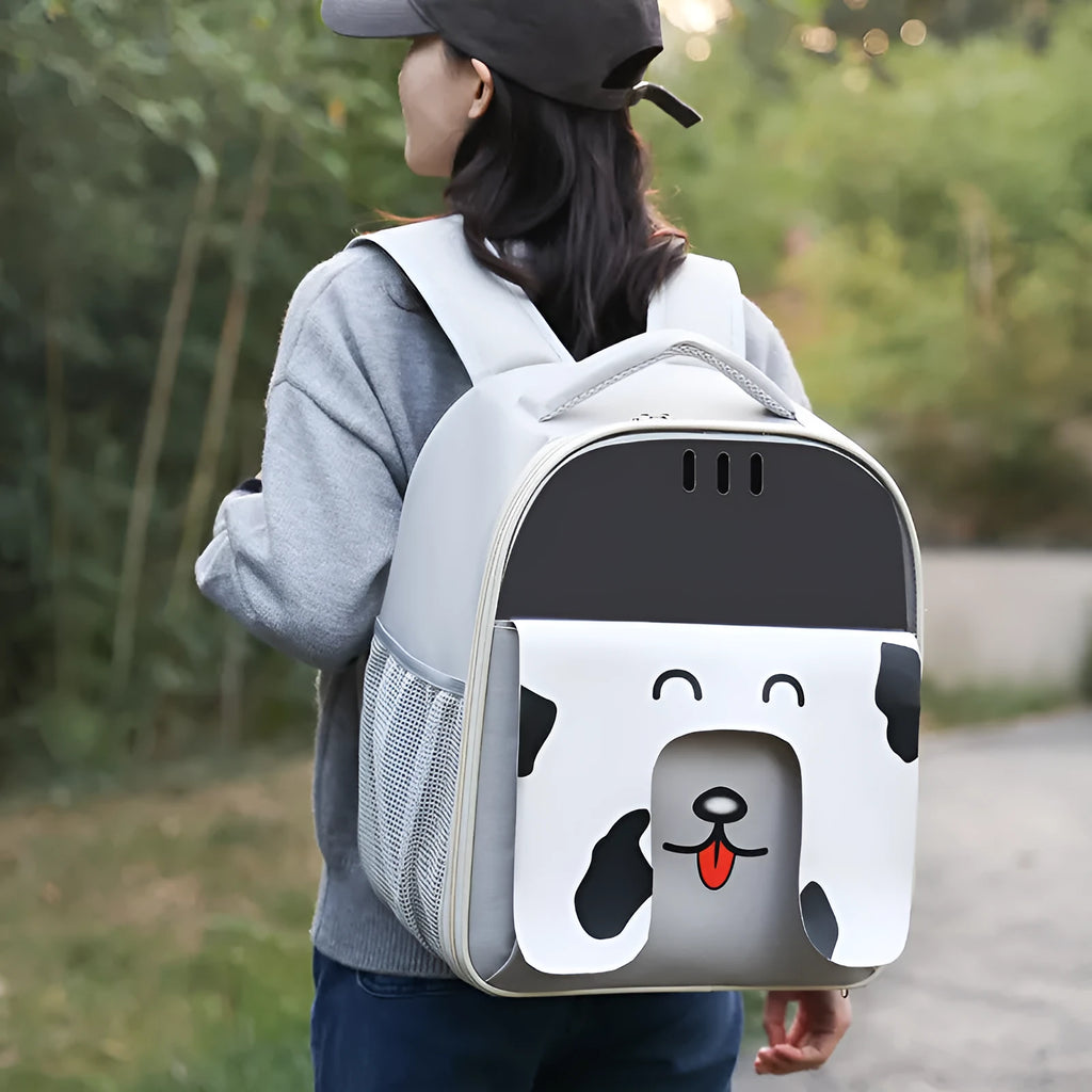 Large capacity portable pet backpack in PU PVC, available in pink, gray, beige, blue, green, for outdoor travel with cats and dogs