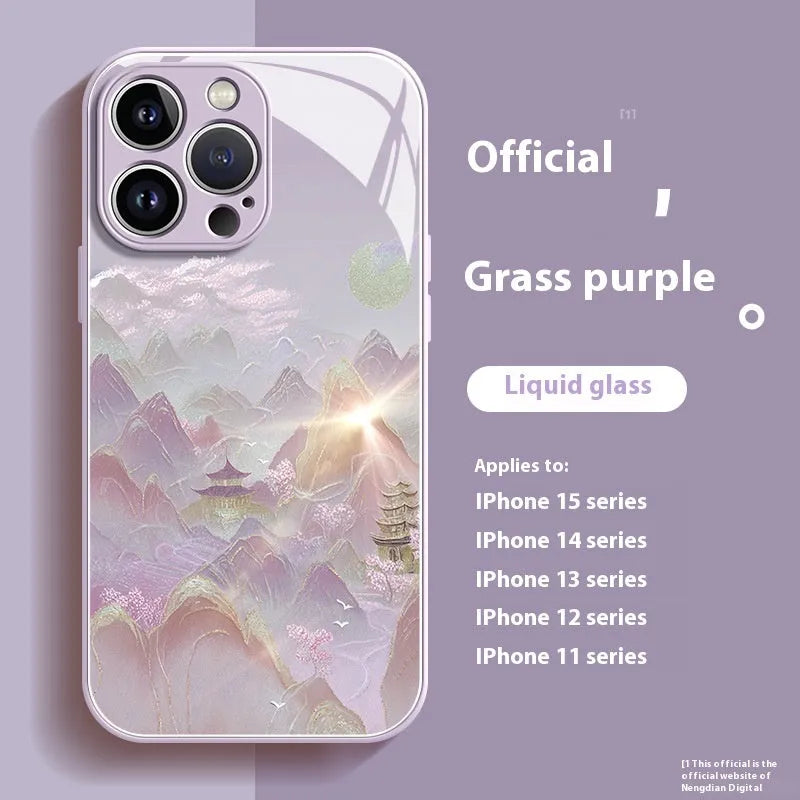iPhone liquid glass phone case with gold silk Yuanshan print in grass purple colour