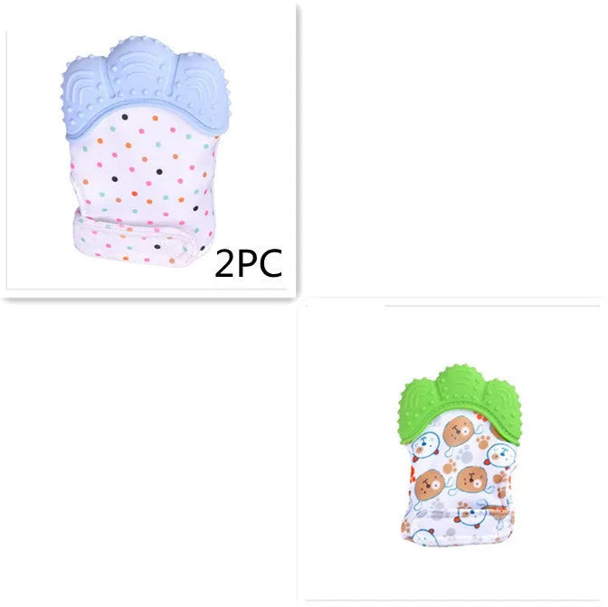 BPA-free silicone baby teether glove fastened with a white Velcro strap on a baby's hand