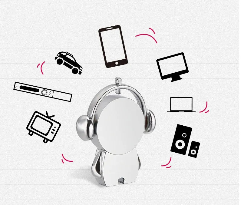 Silver and rose gold metal USB flash drives with musician cartoon designs showing compact dimensions