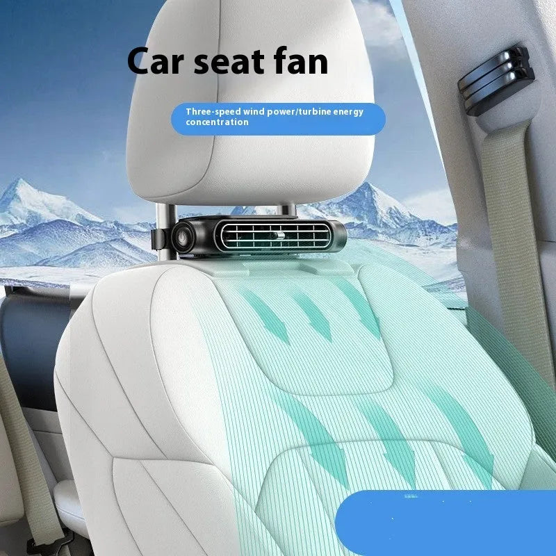 Creative New bladeless car fan with velcro strap mounted on a car seat headrest, showing USB cable.