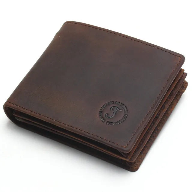 Genuine leather short anti-theft swiping men's wallet in brown vertical version with sewing line detailing