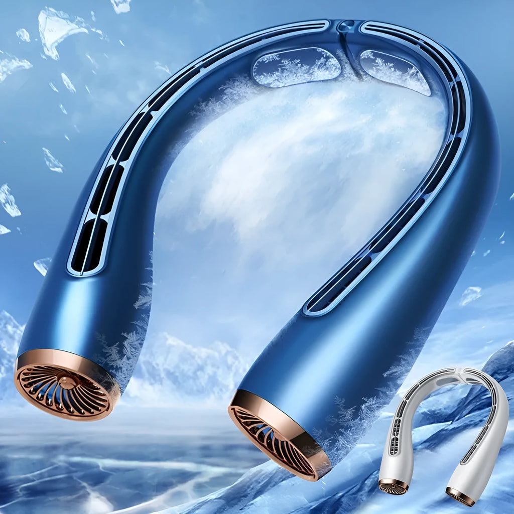 Bladeless neck fan with cold aluminium sheets, 4000mAh battery, lightweight design for outdoor summer cooling