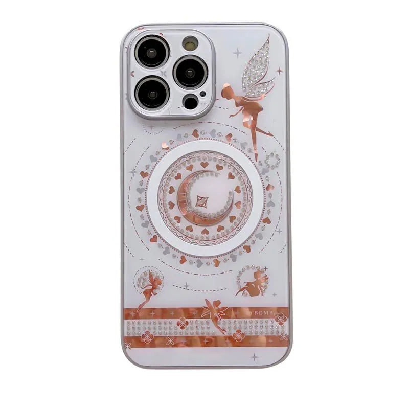 Butterfly fairy diamond magnetic TPU PC phone case in pink single shell with rhinestone and bow decorations