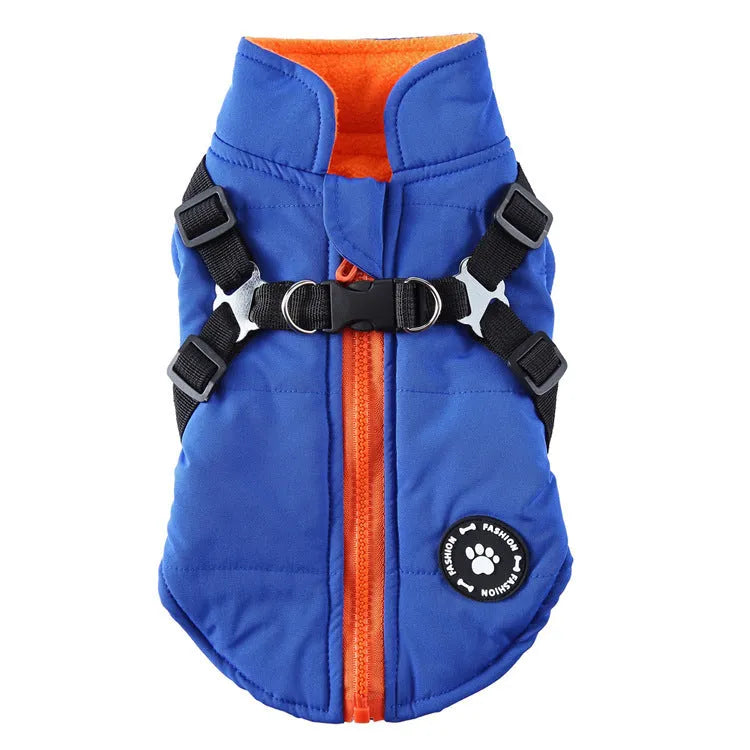 Chest strap dog winter jacket in blue, showing padded interior and adjustable strap.