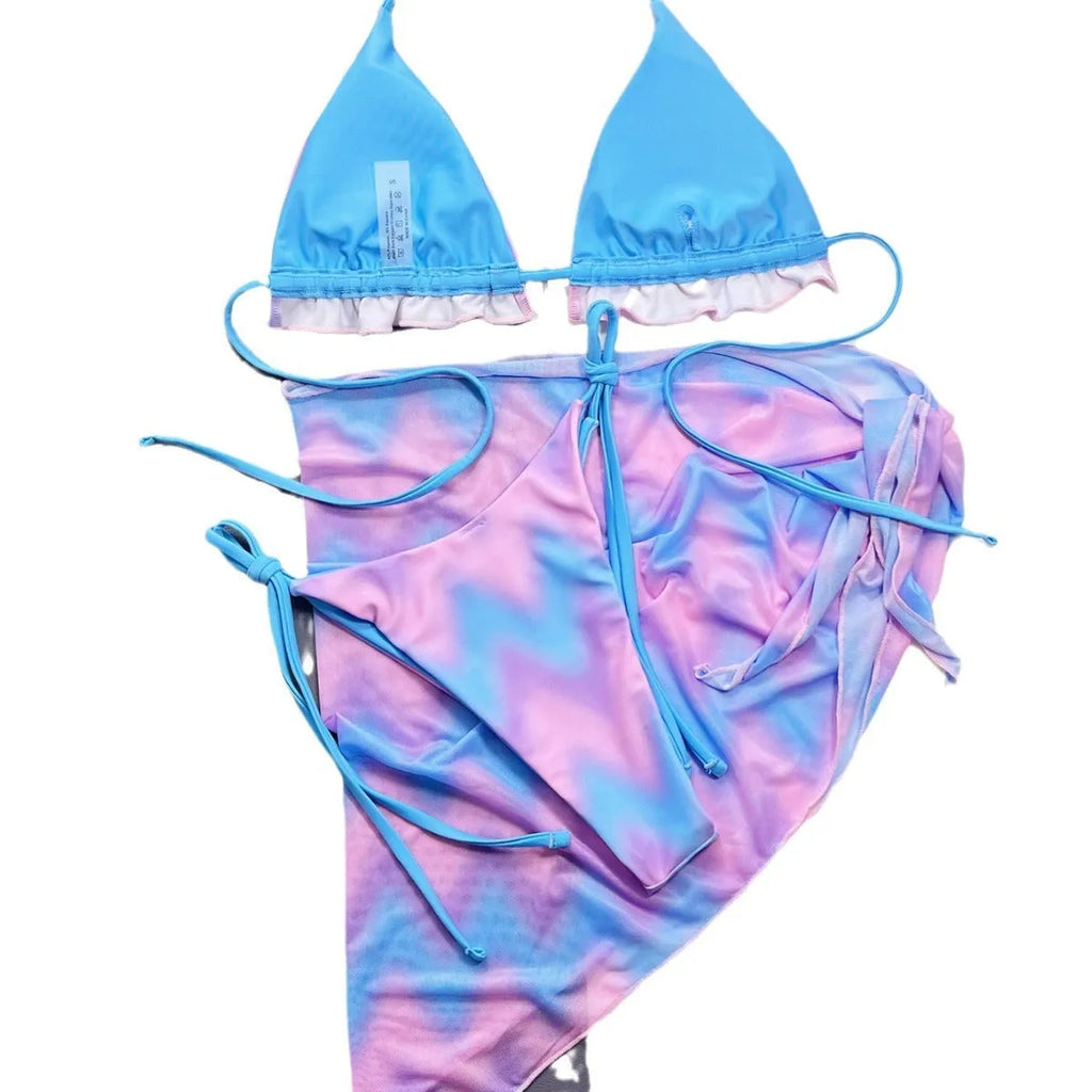 Women's split tie-dye swimsuit bikini set showing bra, skirt and panties