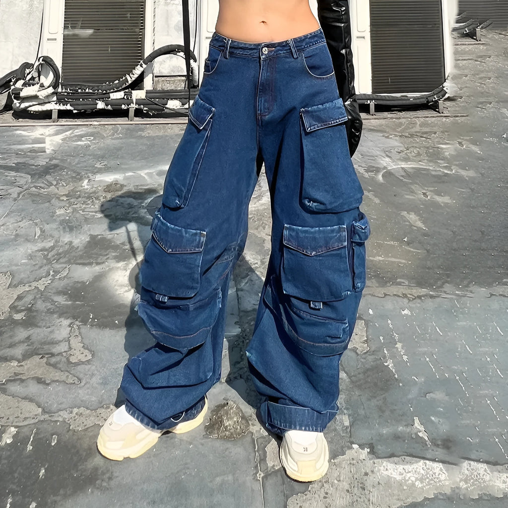 Dark blue distressed wide-leg jeans with a high waist and multiple pockets on a hanger