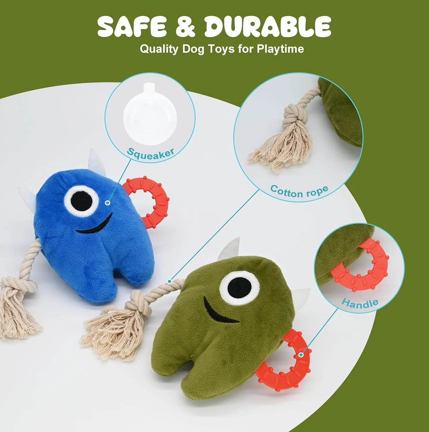 Blue and green plush monster dog toy with cotton rope sections and a squeaker