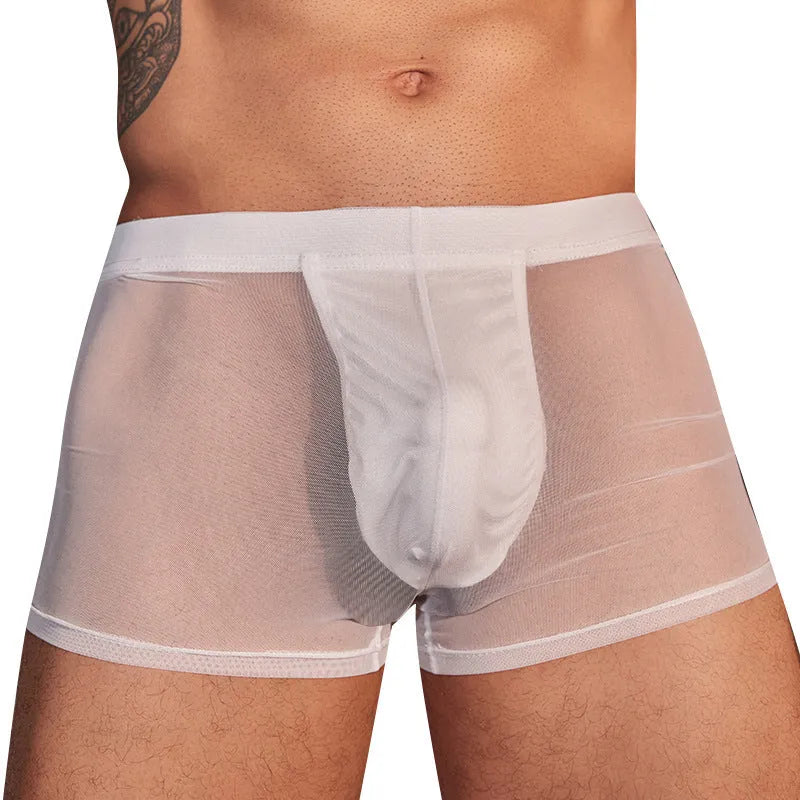 Men's black and white ultra-thin nylon boxer briefs with elasticated waistband.