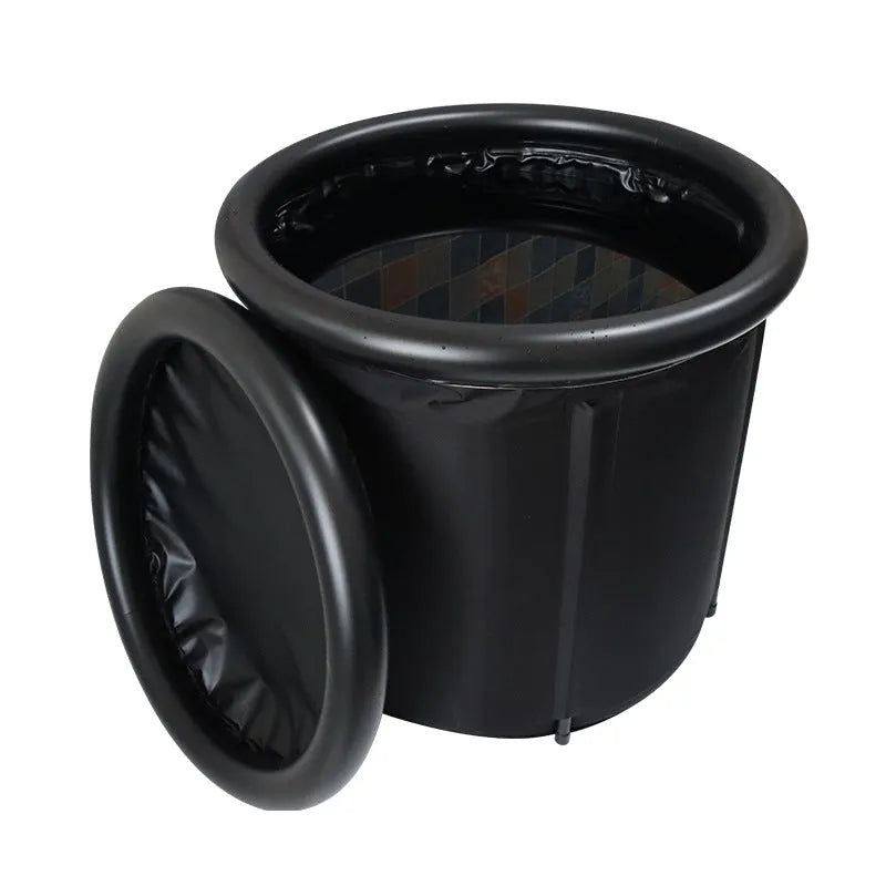 Black portable inflatable ice bath measuring 70x80cm with weather lid and accessories