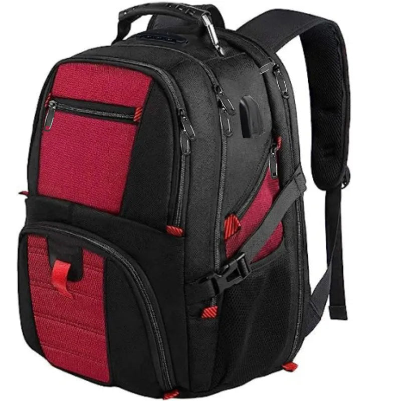 Large black USB backpack with curved shoulder straps showing front compartment and Oxford cloth material