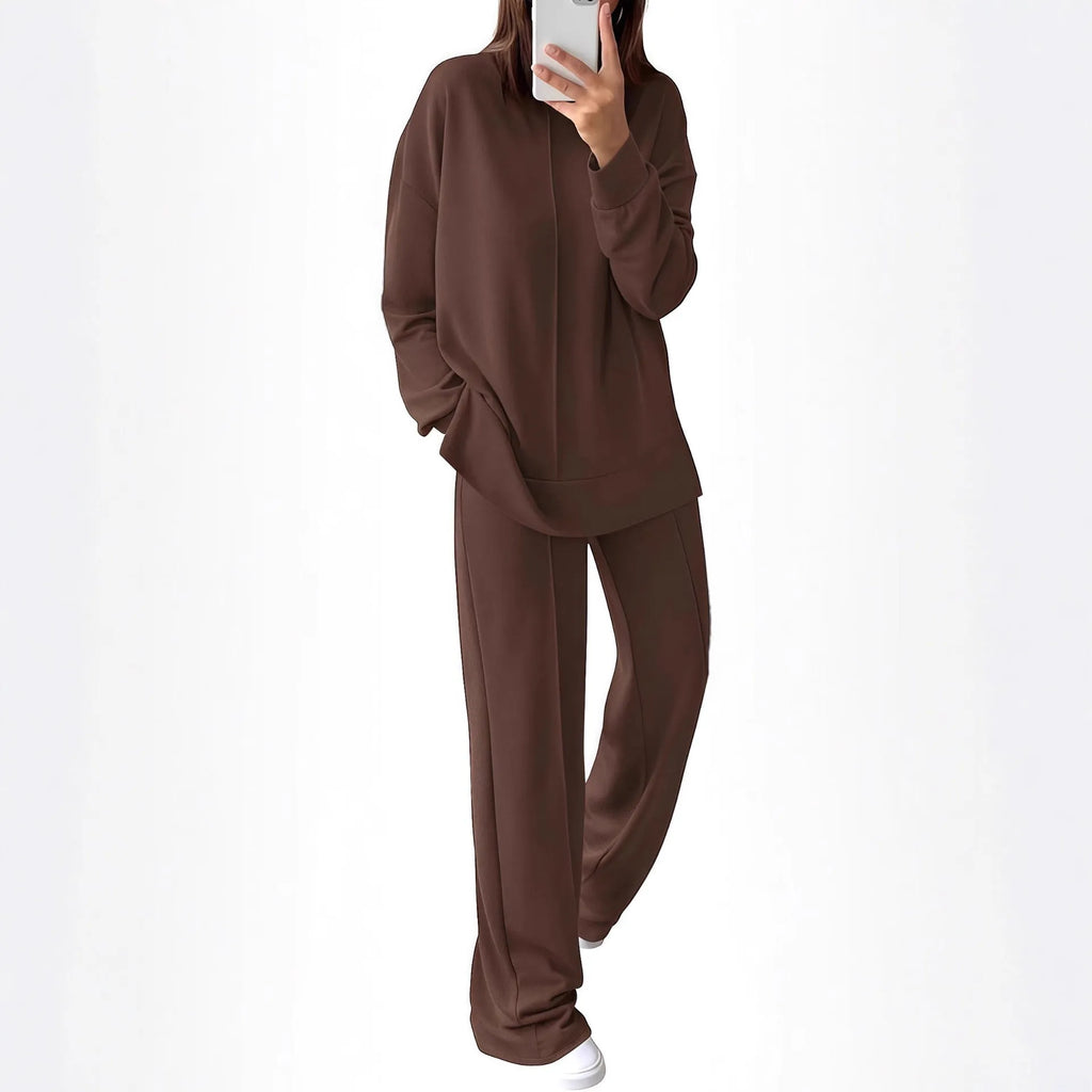 Women's long sleeve polyester jogging suit set shown in army green, available in five other colours.