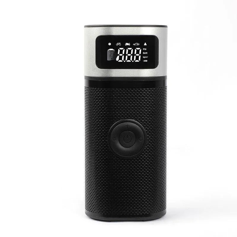 Black portable wireless smart air pump with LED light, USB cable, and nozzles for car, bike, ball, and swimming ring.