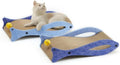 Blue fish-shaped cardboard cat scratcher with attached bell toys on an elastic cord.