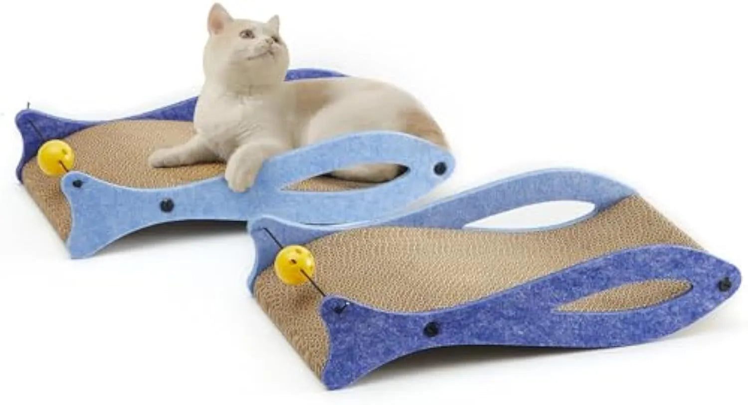 Blue fish-shaped cardboard cat scratcher with attached bell toys on an elastic cord.