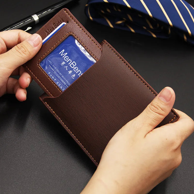Men's short wallet with iron-edge card-picking in black, dark coffee or light coffee PU material