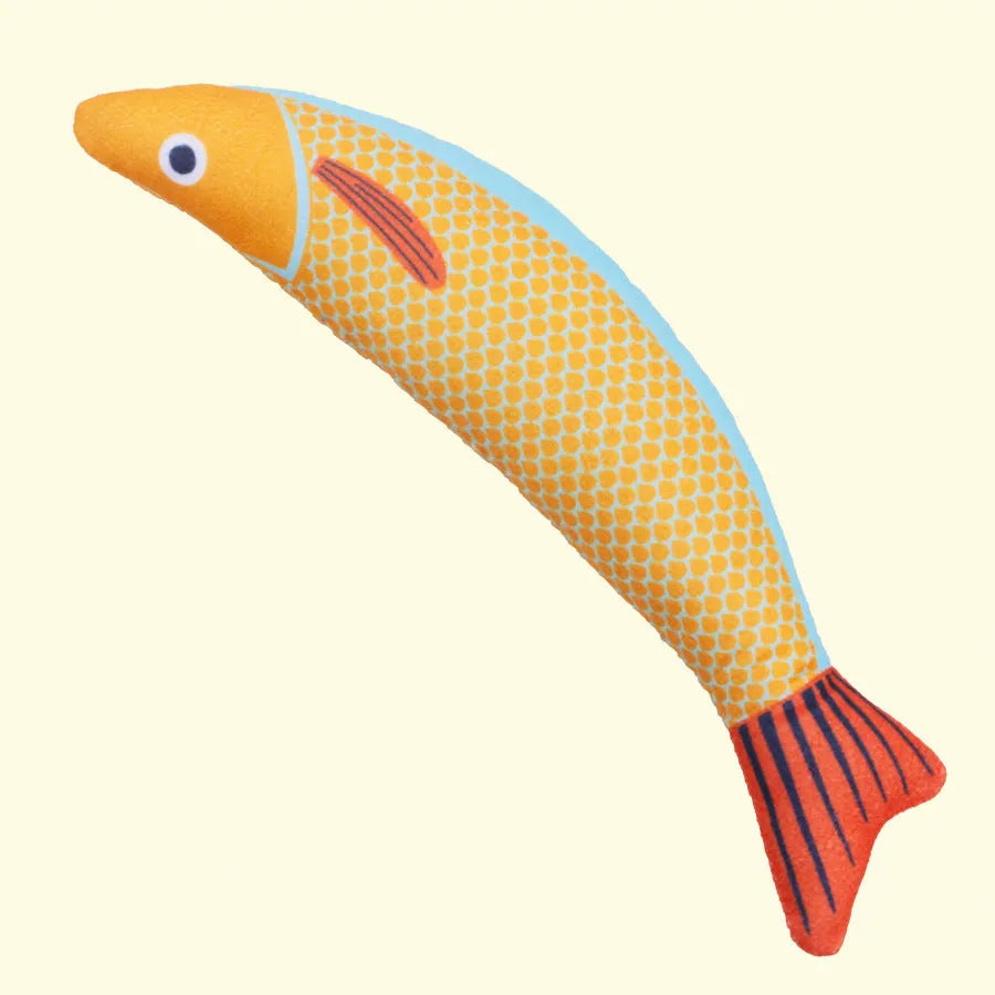 Soft plush saury fish cat toy with catnip filling and crinkle sounds in green colour