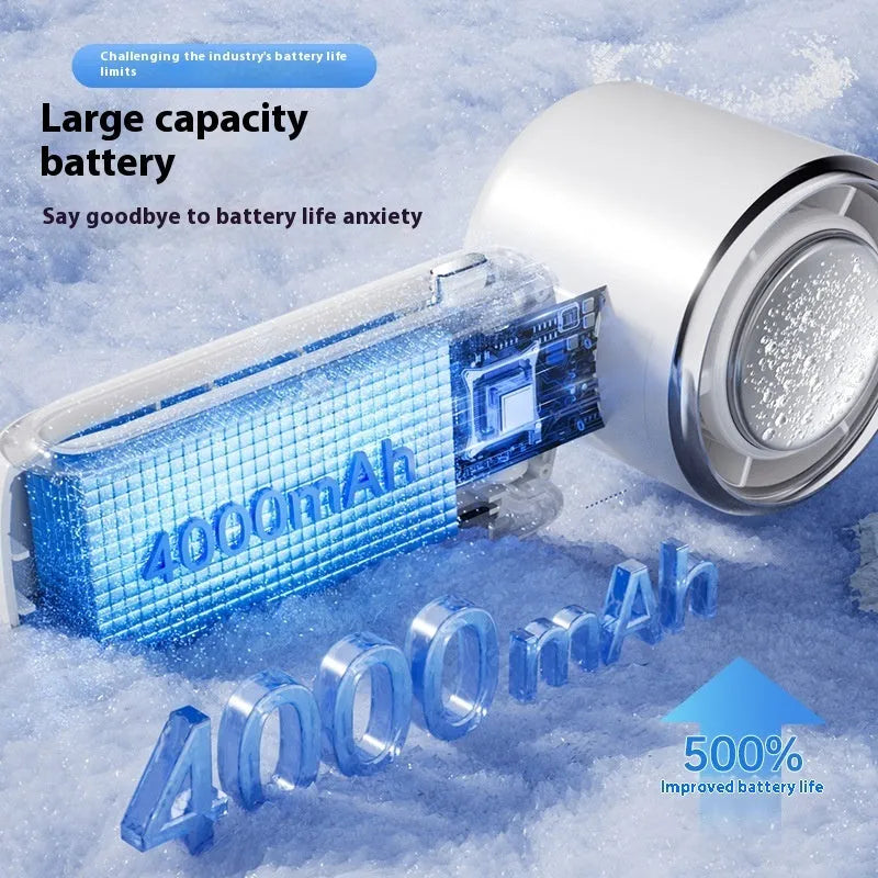 Blue handheld folding electric fan with USB charging port and adjustable speed settings.