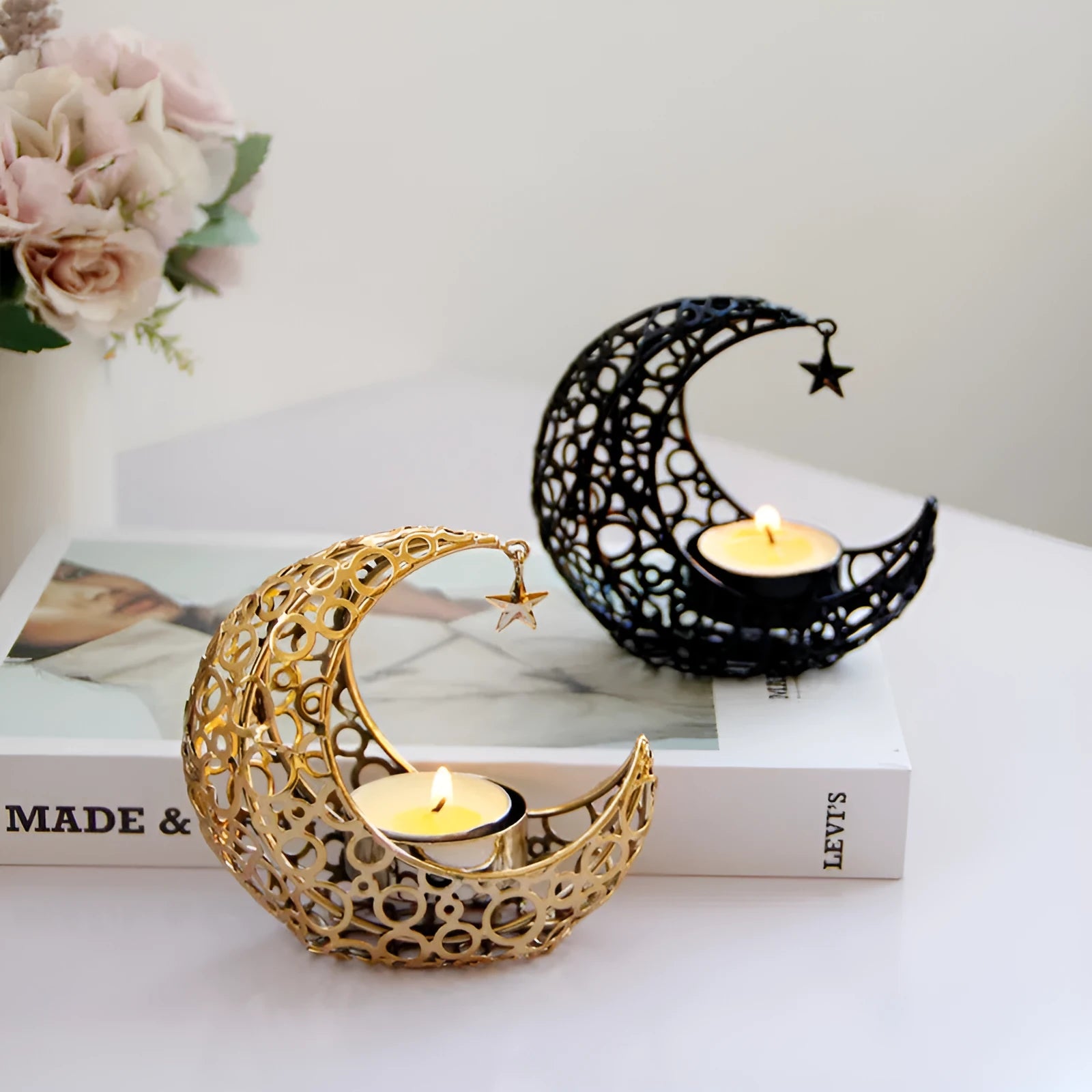 Metal crescent moon candle holder hollow star design black finish 10.5cm set of two