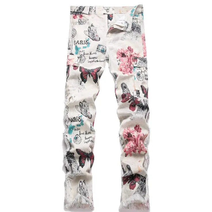 Men's slim fit animal digital printed denim trousers in cotton, mid waist, zip fly, blue tone