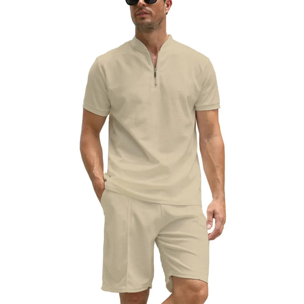 Men's solid colour polo shirt and trousers two-piece suit set in beaded bird's eye fabric.