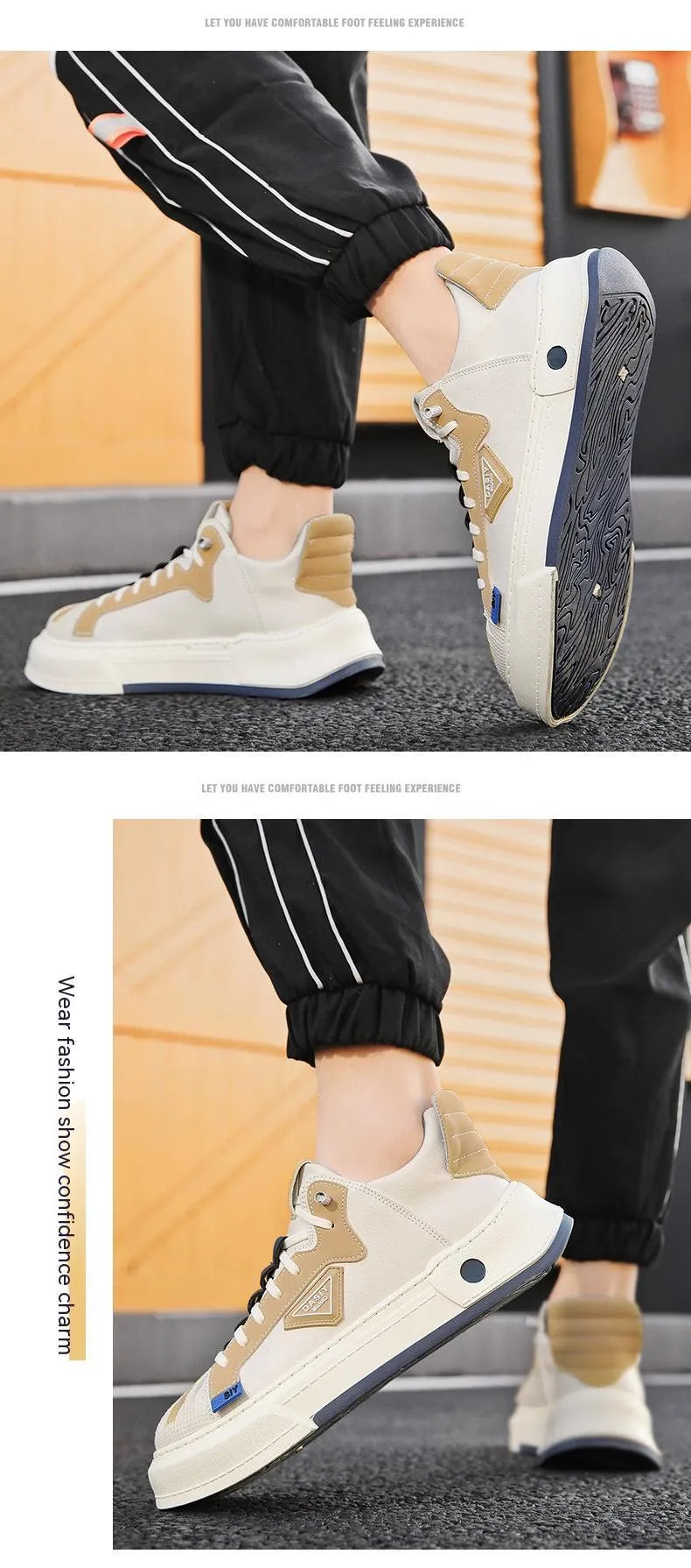 Men's beige low-top sneakers with elastic band and round toe on a flat plastic sole.