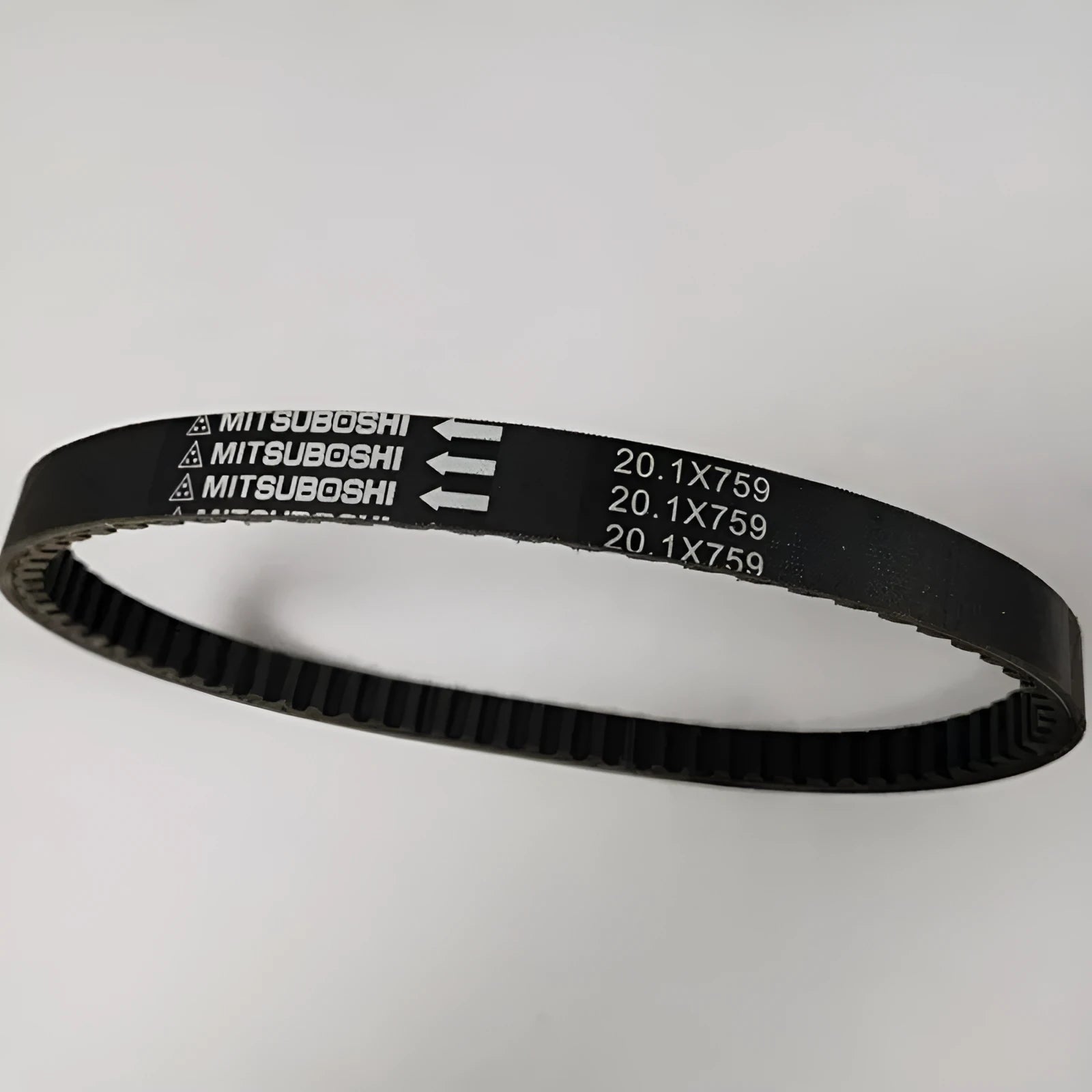 Black replacement drive belt for Guangyang Jili GP110 and Fengli VP110 pedal motorcycles.