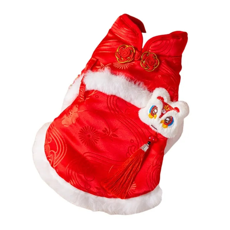 Red lion dance pet dog vest with 3D lion head ornament and golden buttons on white background