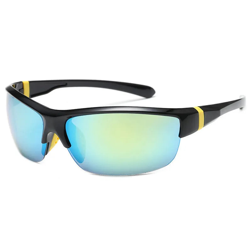 Men's windproof cycling sunglasses with semi-frameless frame and PC lenses in multiple colour options.
