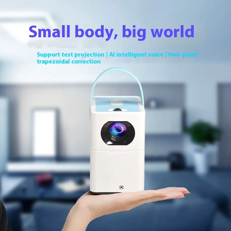 Smart Android HD home projector with remote control showing 1280x800 resolution and multiple plug options
