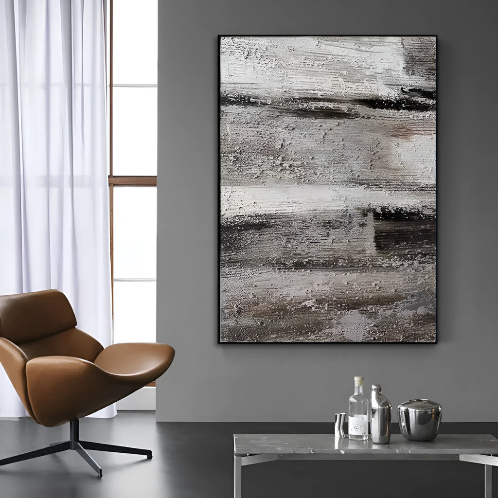 Handmade abstract oil painting on canvas, grey colours with texture, frameless and rolled, suitable for living room wall decor.