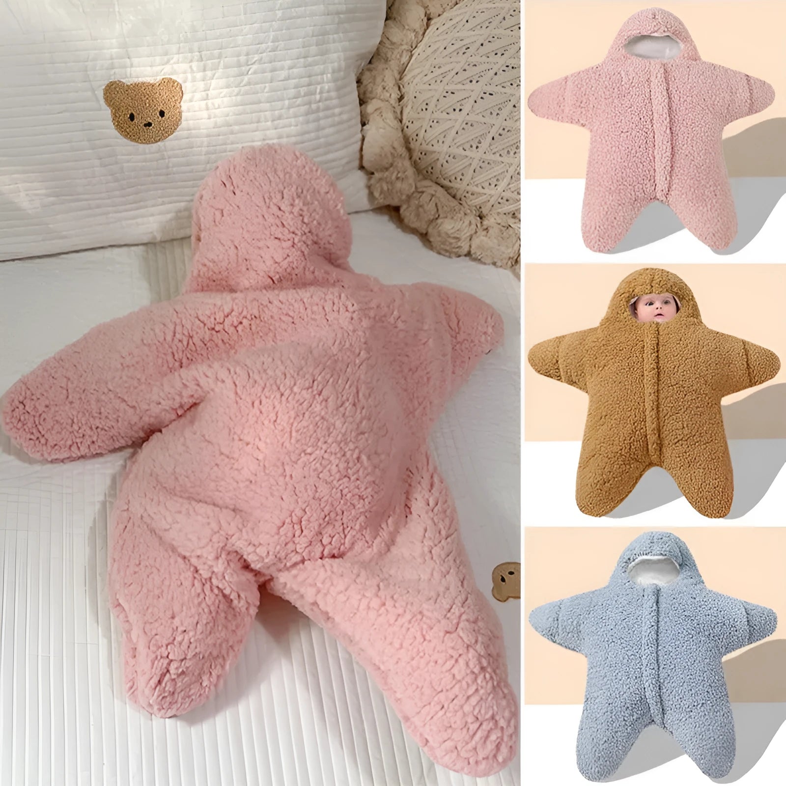 Cashmere and cotton baby sleeping bag with hood and zip closure in pink colour for newborn winter warmth