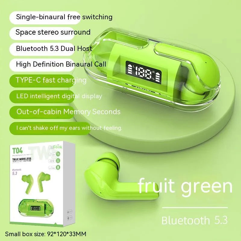 Bluetooth 5.3 wireless headset with transparent digital display charging case shown in pink, black, green, and white colour options.