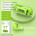 Bluetooth 5.3 wireless headset with transparent digital display charging case shown in pink, black, green, and white colour options.