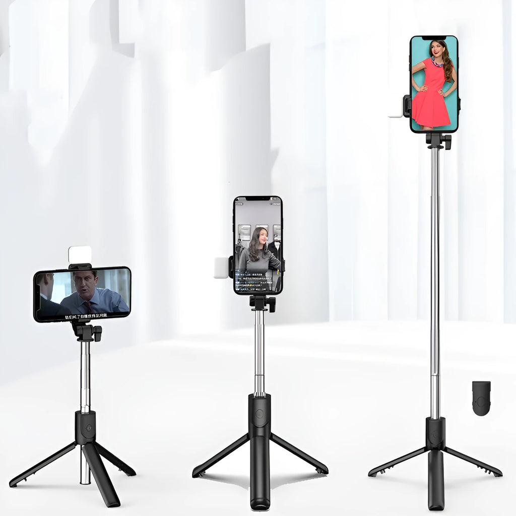 Aluminium alloy Bluetooth selfie stick with integrated tripod base and 360-degree rotating phone holder in black colour.