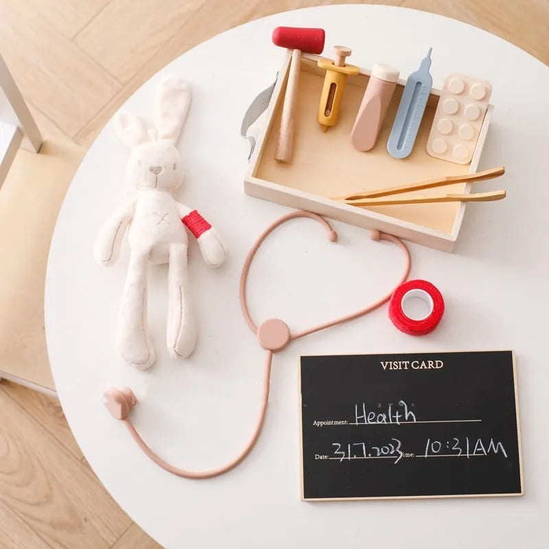 Wooden children's doctor play set with stethoscope educational toy in cloth bag packaging