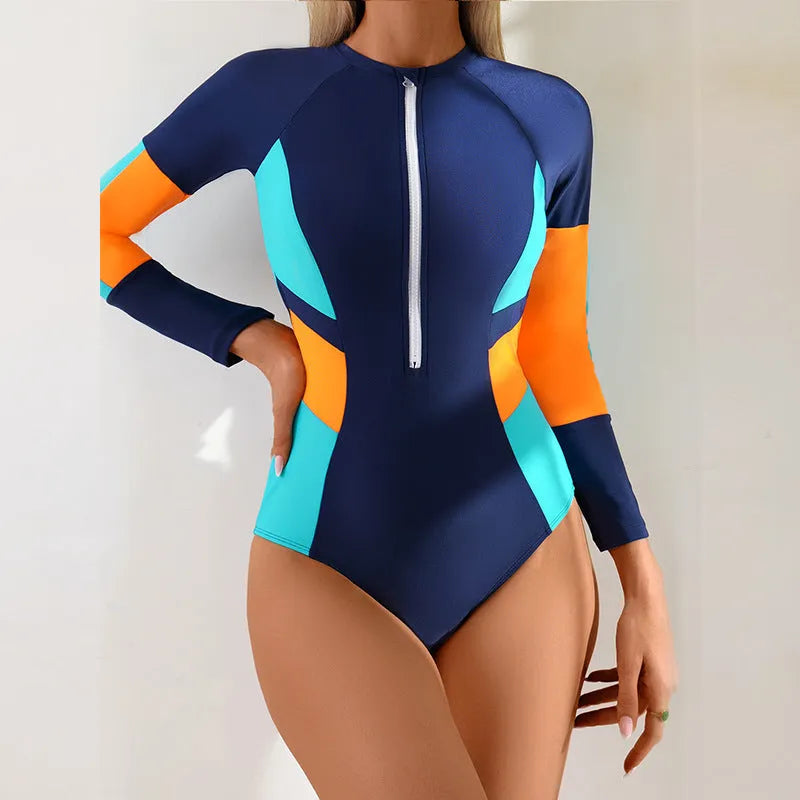Tight long sleeve one-piece swimsuit in purplish blue with colour-block stitching and high-elasticity fabric