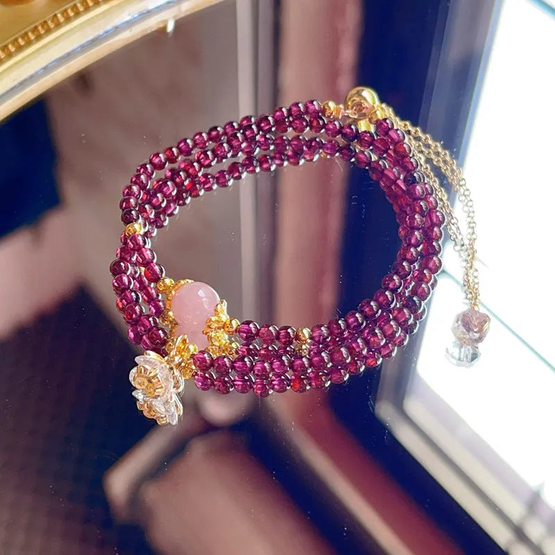 Handmade natural garnet double ring bracelet for women in deep red H311 colour