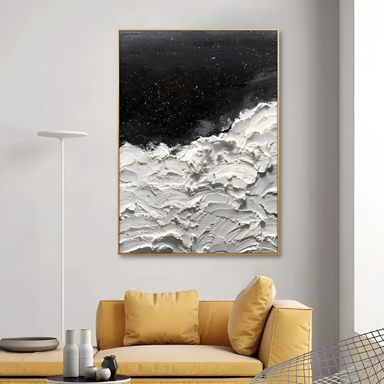 Hand-painted abstract oil painting on canvas with black and white ocean and stars design, modern seascape wall art, rolled frameless, 60x90cm size