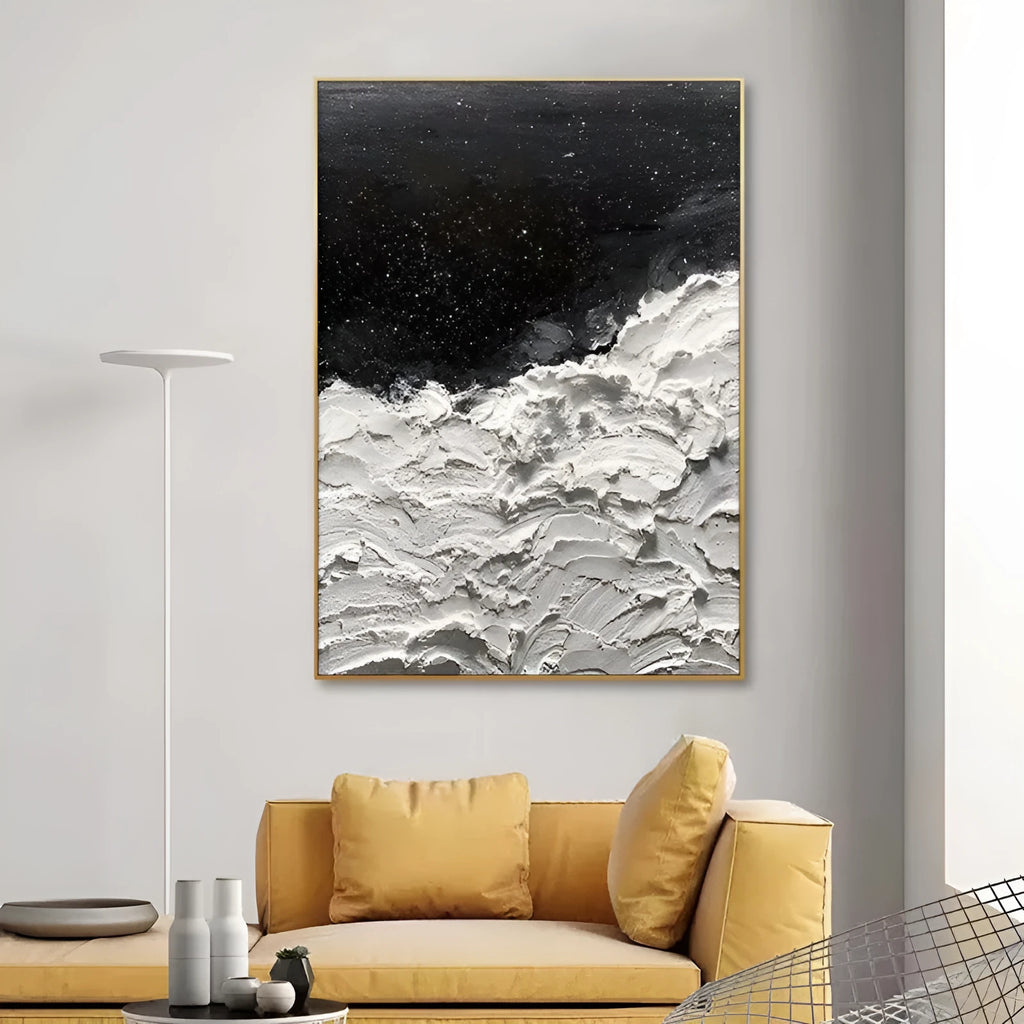 Abstract handmade oil painting on canvas black white seawave design rolled frameless